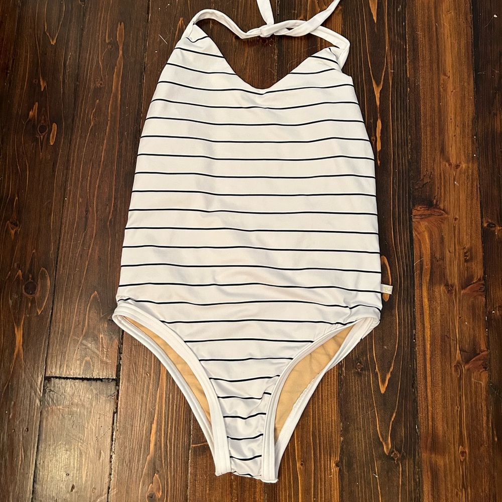 White and black stripe swimsuit - M